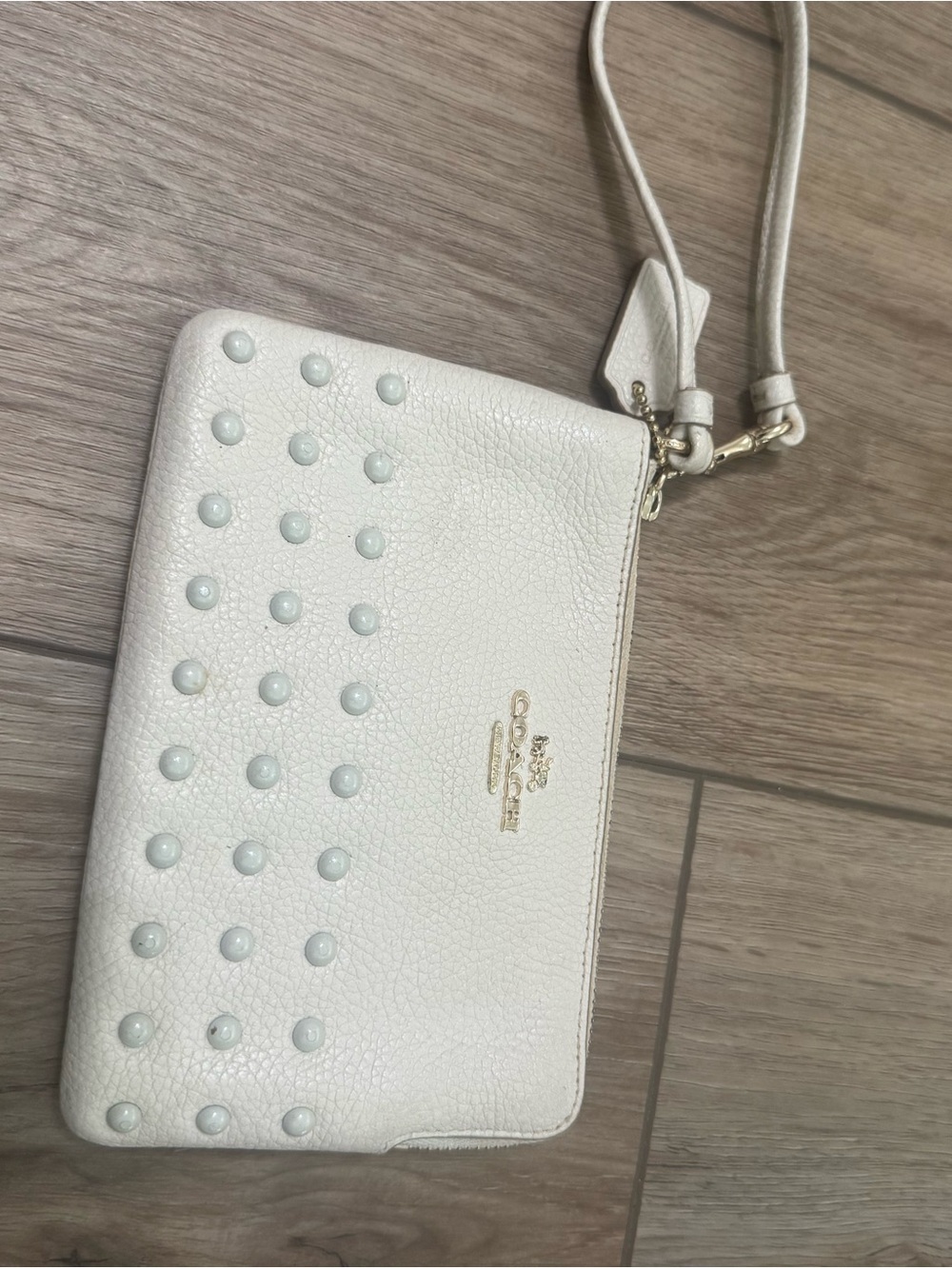 Coach White Pebbled Leather Stud-Embellished Wristlet